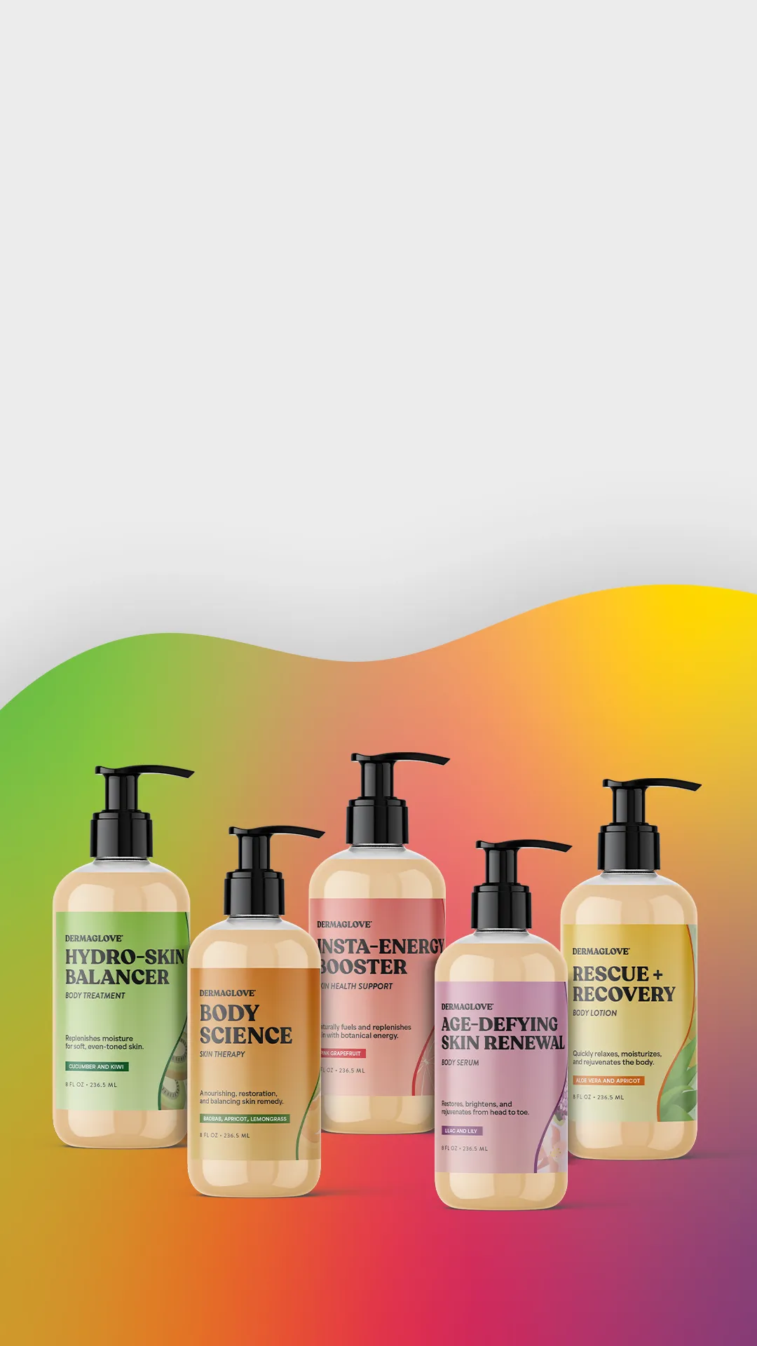 A graphic showing lotion bottles of several DERMAGLOVE products